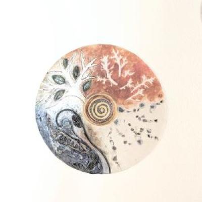 Handmade ceramic wall tile with symbols of the Five Elements (wood, fire, earth, metal, water), decorated with embedded stones